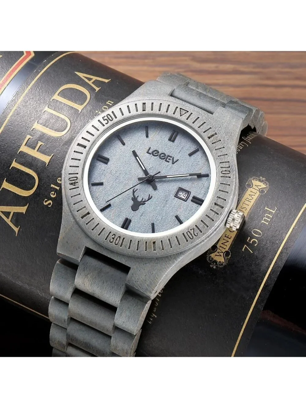 Men's Grey Sandalwood Japanese Quartz Analog Unisex Round Wrist Wooden Watch